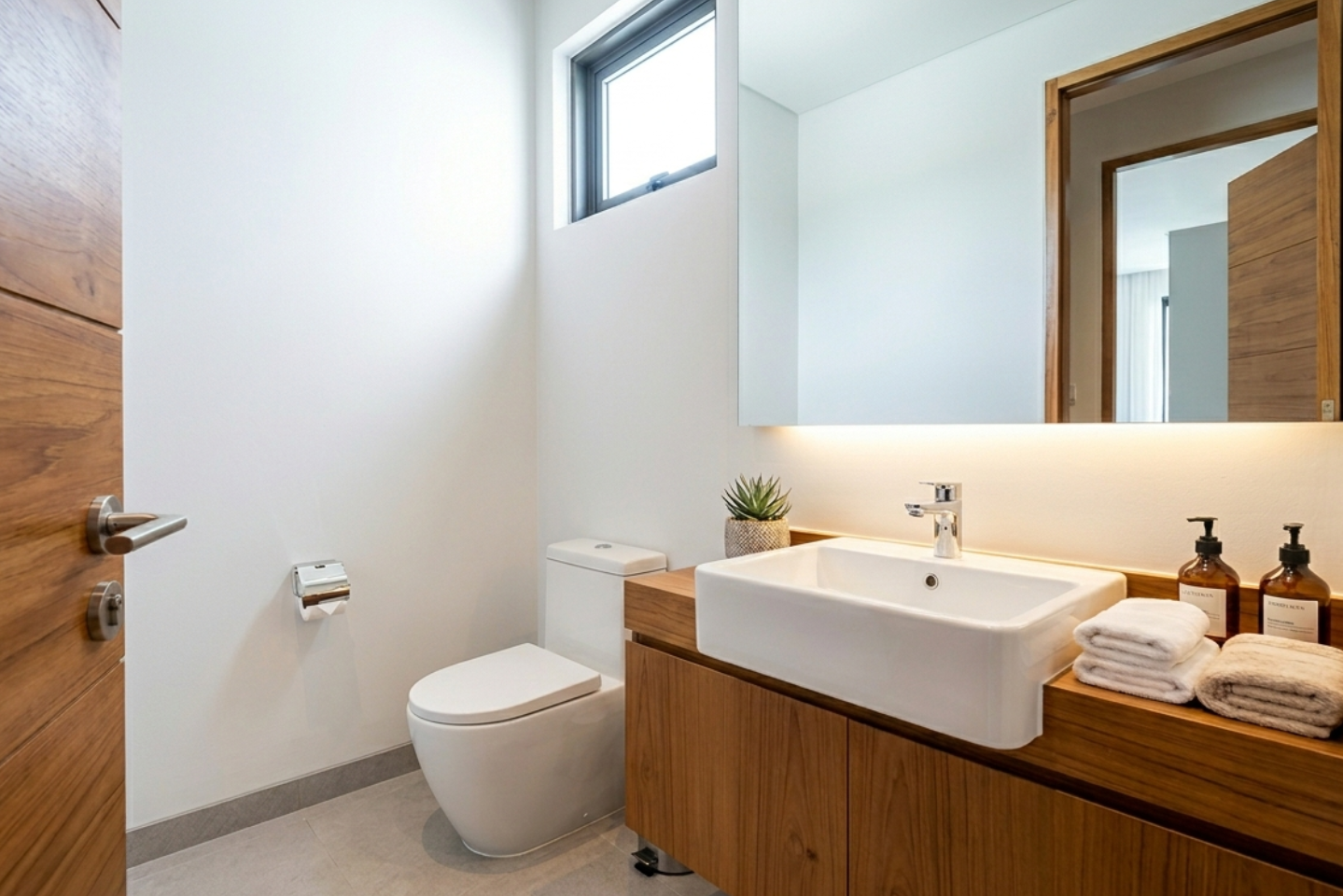 Villa Luma Botanica powder room with oak vanity and modern fixtures