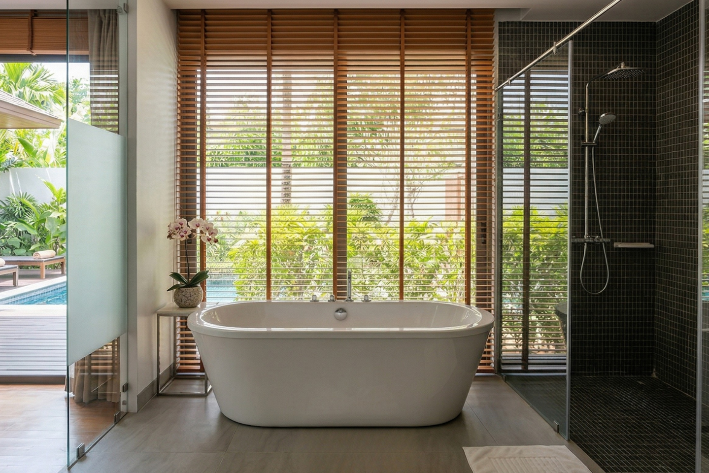 Villa Luma Botanica spa bath with wooden blinds and pool view